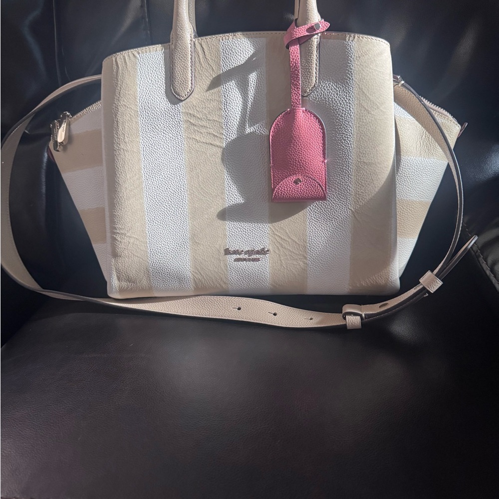 Kate Spade Beige and White Striped Tote with Pink Tag